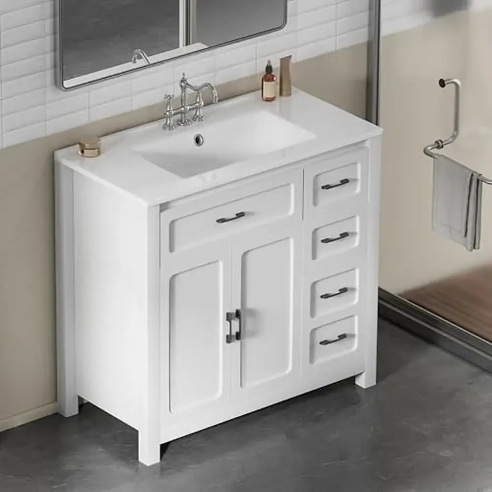 30-Inch Bathroom Vanity Cabinet with Ceramic Sink – Modern White Freestanding Storage Unit with Soft-Close Drawers