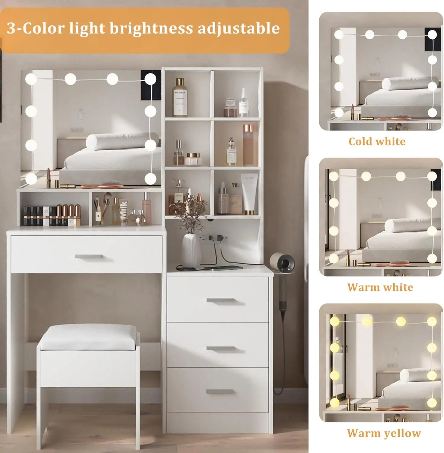 White Vanity Desk with Mirror and Lights – Makeup Vanity Table with Charging Station, Adjustable Lighting & Storage Shelves