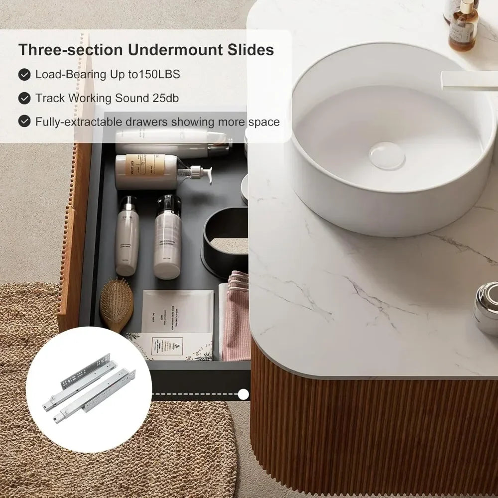 Modern Floating Bathroom Vanity with Sink, Wall Mounted Cabinet with Ultra-Thin Ceramic Basin and Marble Top, Large Storage Drawer