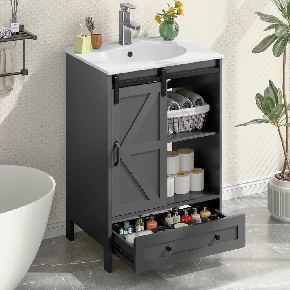 24" Freestanding Bathroom Vanity with Sliding Door, Sink & Faucet Set