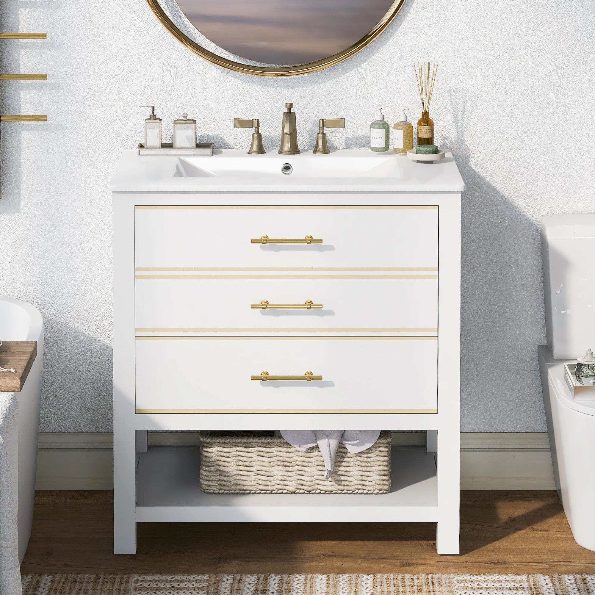 30-Inch Bathroom Vanity Cabinet with Ceramic Sink & Gold Accents Elegant Design Meets Everyday Functionality