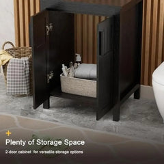 24" Black Wood Bathroom Vanity Cabinet with Ceramic Vessel Sink & Grooved Doors