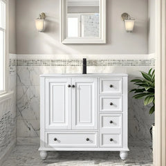 36" Bathroom Vanity Sink Combo with Solid Wood Construction & Vintage Design – 5 Drawers, 2 Doors Storage Cabinet