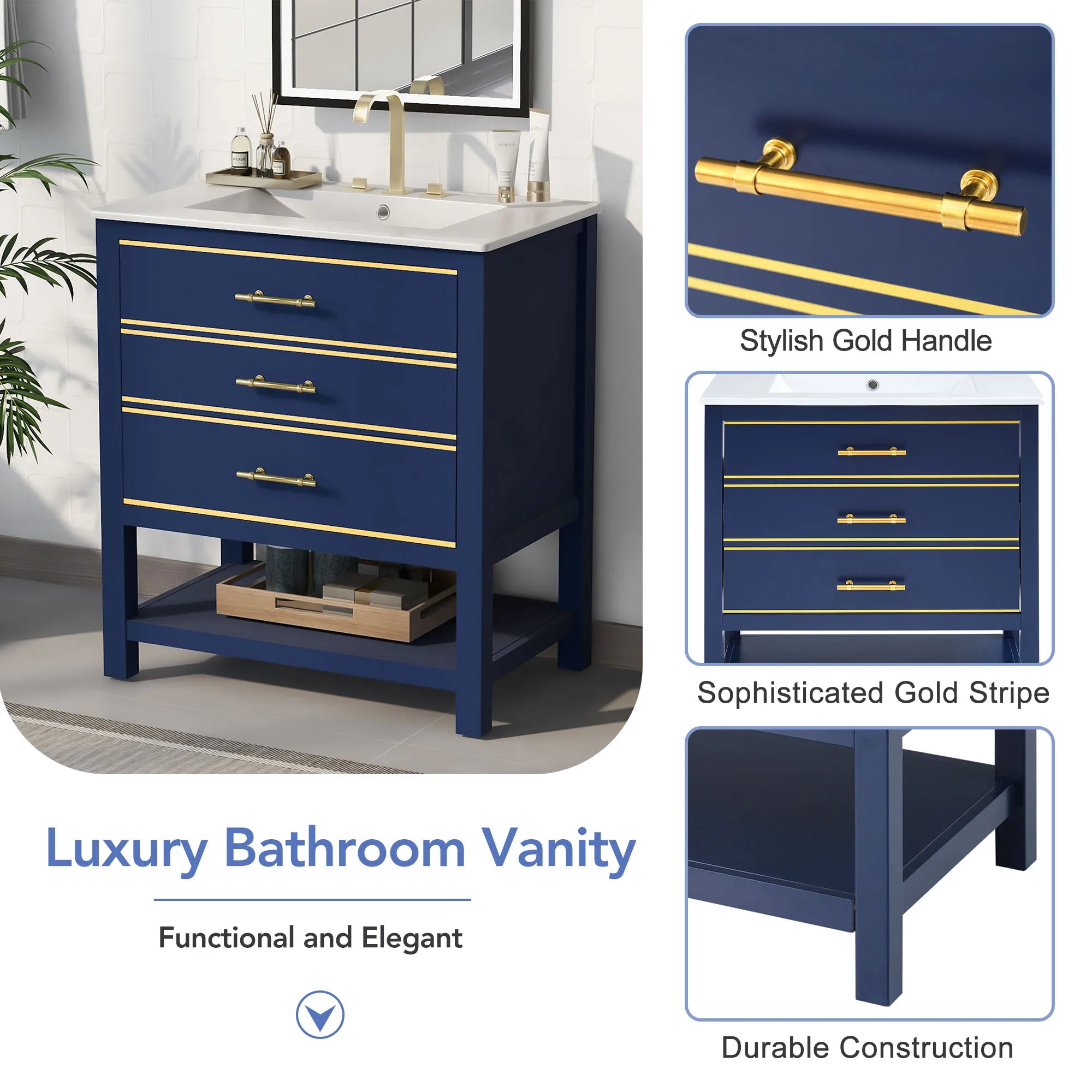 30-Inch Bathroom Vanity Cabinet with Ceramic Sink & Gold Accents Elegant Design Meets Everyday Functionality