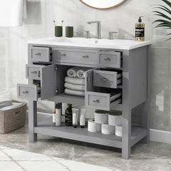 36" Bathroom Vanity with Sink – Freestanding Cabinet with Soft-Close Drawers, Doors & Open Shelf
