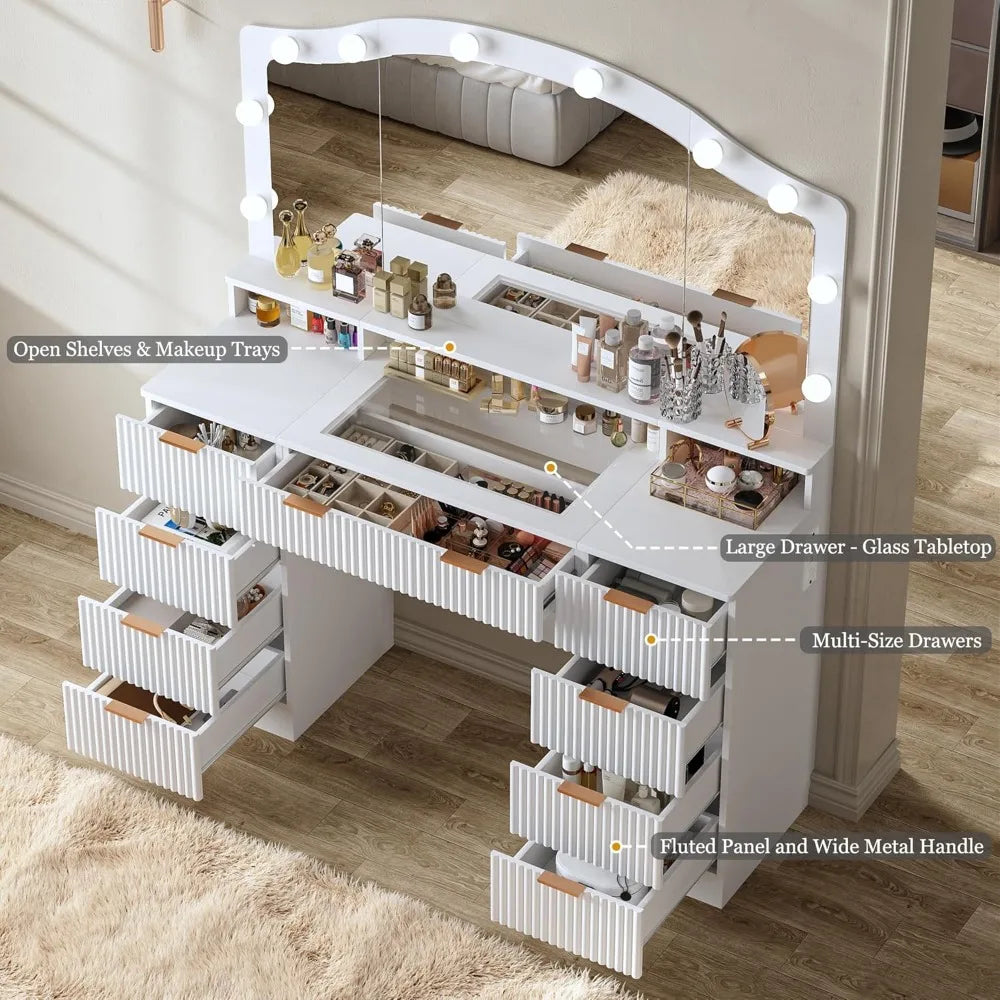 46" Fluted Makeup Vanity Desk with Glass Top, Mirror & Lights – 9 Drawers, Power Outlet & Adjustable LED