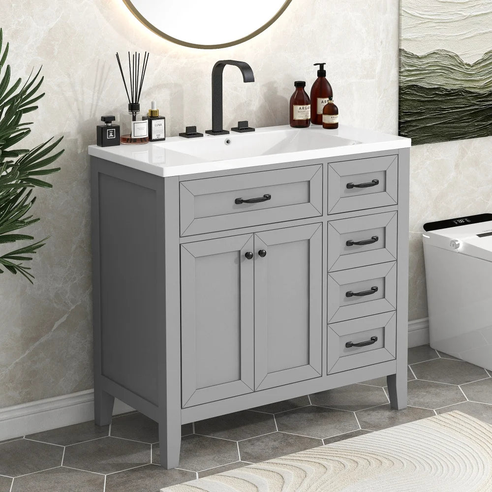 36" Grey Bathroom Vanity with Sink Combo | Solid Wood Frame & MDF Board | Freestanding Cabinet with Drawers