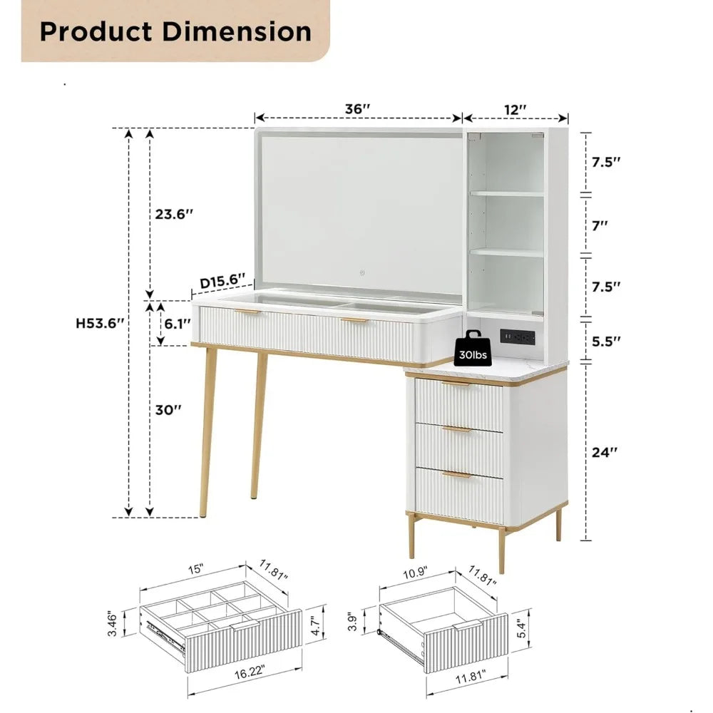 Fluted Makeup Vanity Desk with 36" Lighted Mirror & Glass Top | 48" Wide Dressing Table with Drawers & Shelves