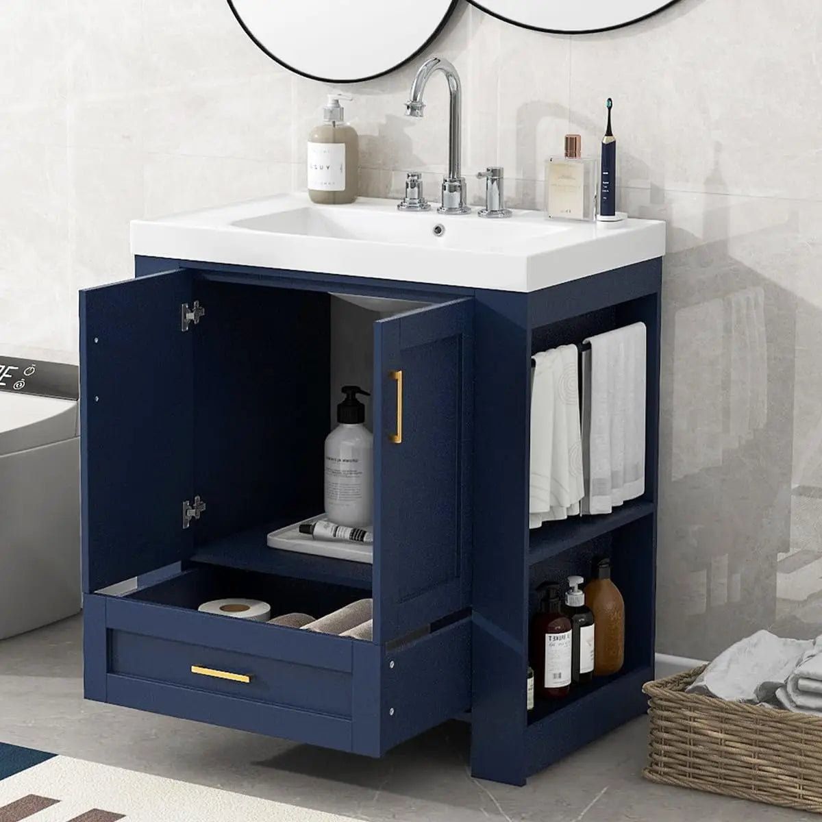 30" Freestanding Bathroom Vanity with Sink – Single Sink Cabinet with Drawer & Side Shelf