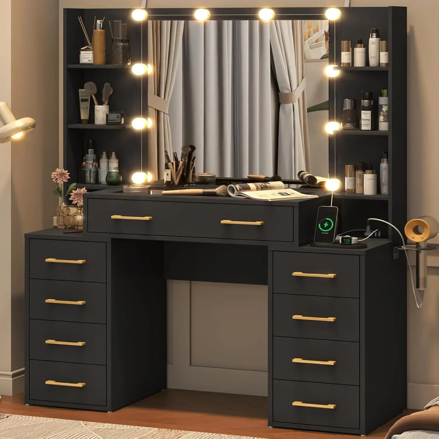 Glass Top Vanity Desk with Mirror & Lights, Large Makeup Desk with Charging Station & 9 Drawers