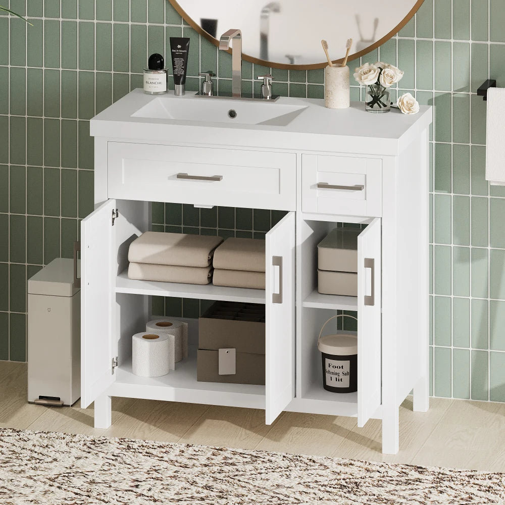 36" Black Bathroom Vanity Cabinet with Resin Integrated Sink, 2 Drawers & 3 Doors