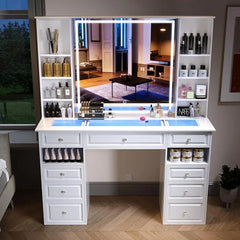 Modern Vanity Set with Lighted Mirror, Extra Large Mirror Makeup Vanity Table with 9 Drawers, European Style Dresser
