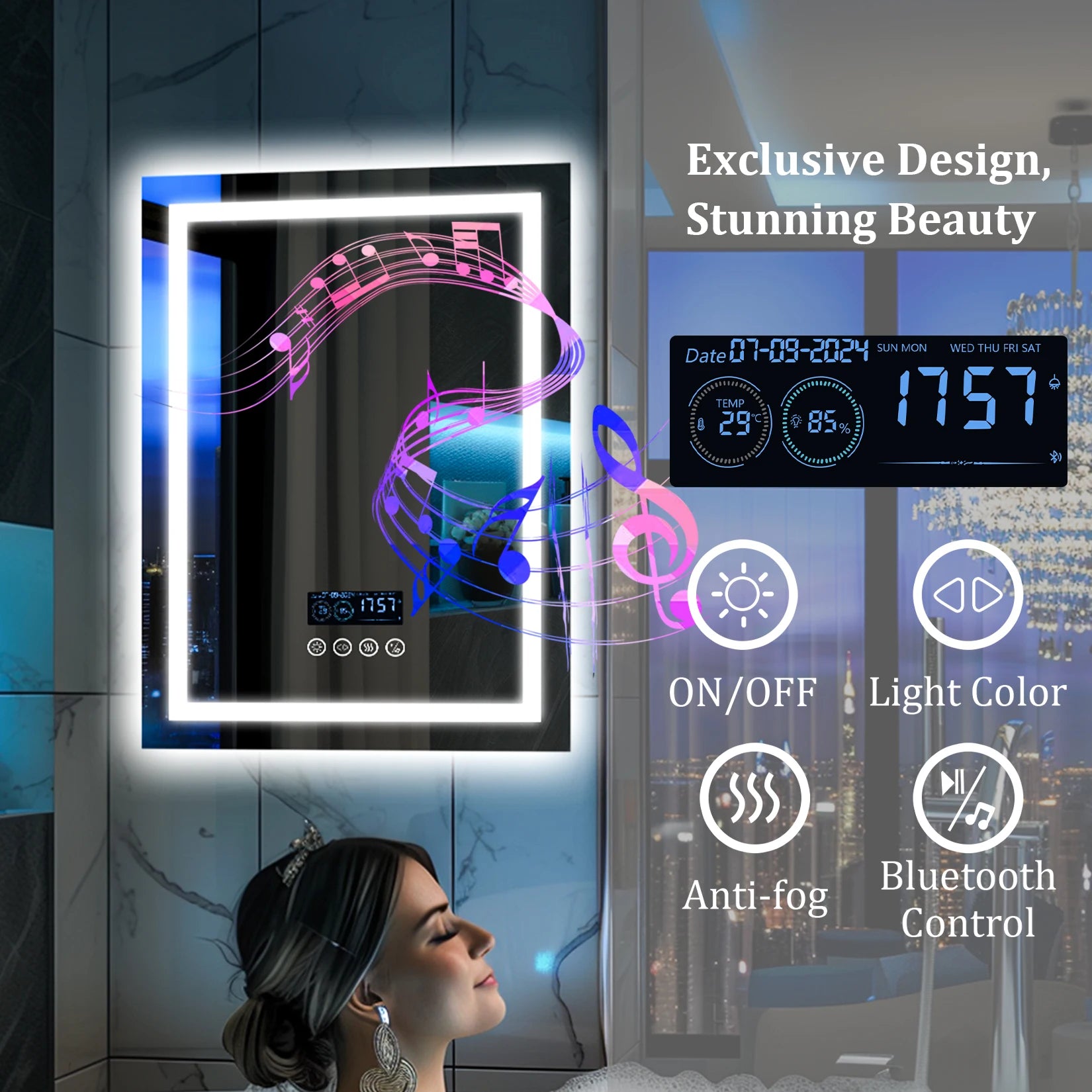 Square LED Bathroom Mirror with Bluetooth Speaker & Anti-Fog – Front & Backlit Smart Vanity Mirror