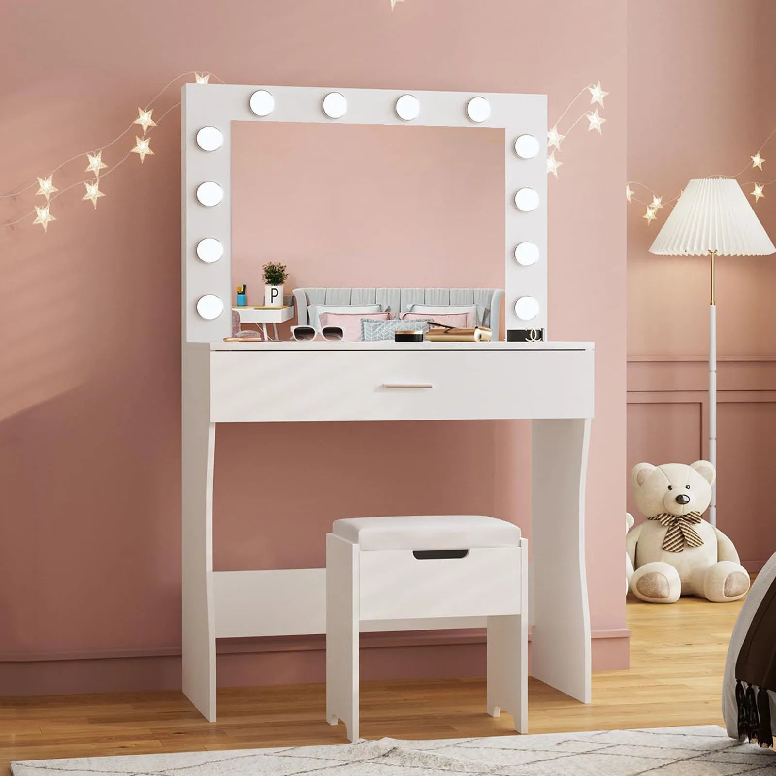Small Vanity Desk with Mirror, Lights & Storage – Makeup Table with Drawer & Cushioned Stool