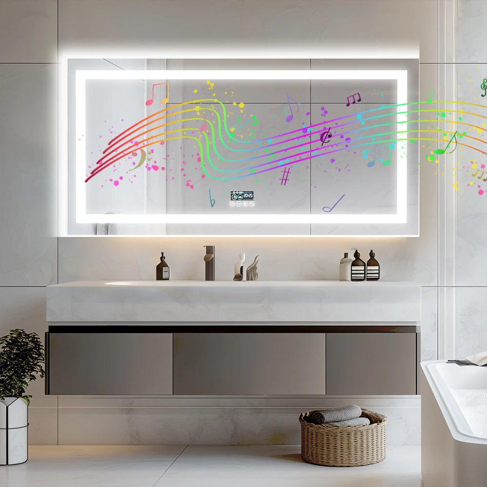Smart LED Bathroom Mirror with Bluetooth Speaker & Display – Anti-Fog, Dimmable, Dual Light, 3 Color Modes