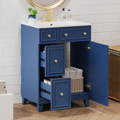 24-Inch Blue Bathroom Vanity Cabinet with Ceramic Sink, 2 Drawers & 1 Door – Solid Wood & MDF Construction