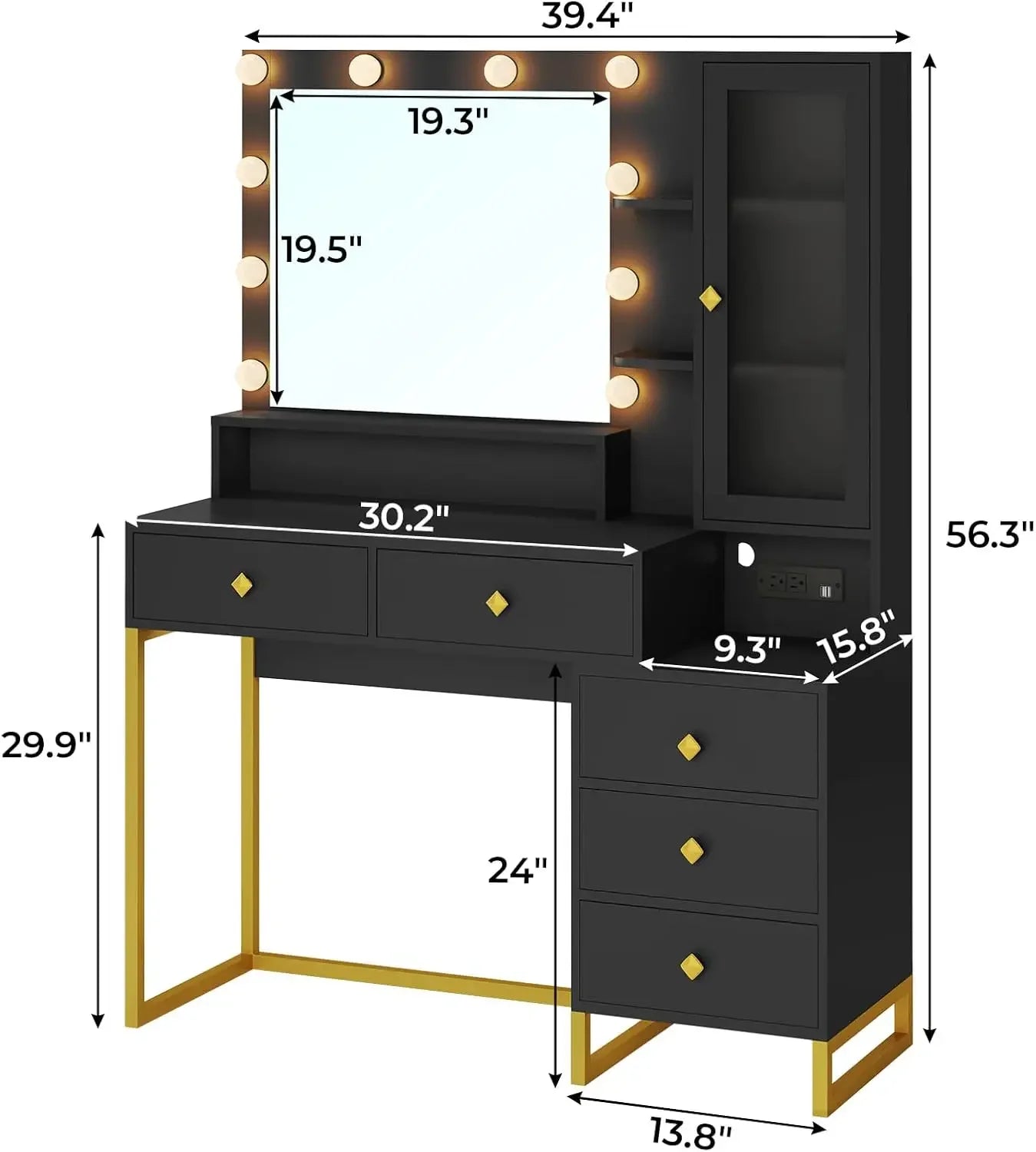 Large Vanity Desk with Mirror, Lights & Charging Station – Makeup Table with Nightstand & Storage Drawers