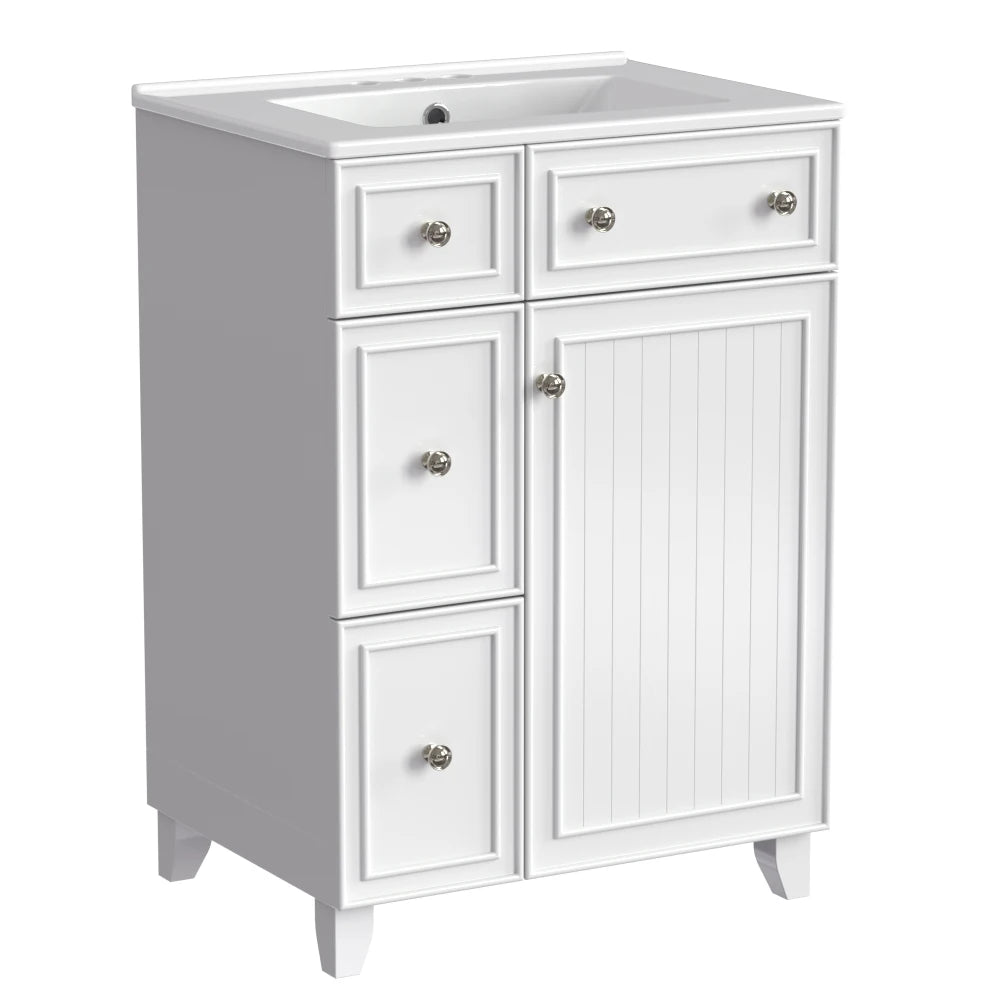 24-Inch Blue Bathroom Vanity Cabinet with Ceramic Sink, 2 Drawers & 1 Door – Solid Wood & MDF Construction