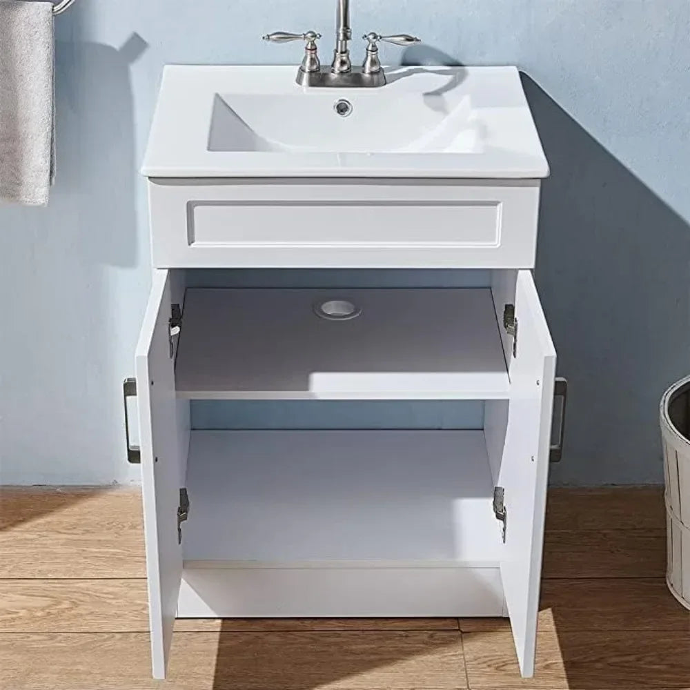 24" White Bathroom Vanity with Ceramic Sink – Modern Small Bathroom Vanity Cabinet with Double Doors