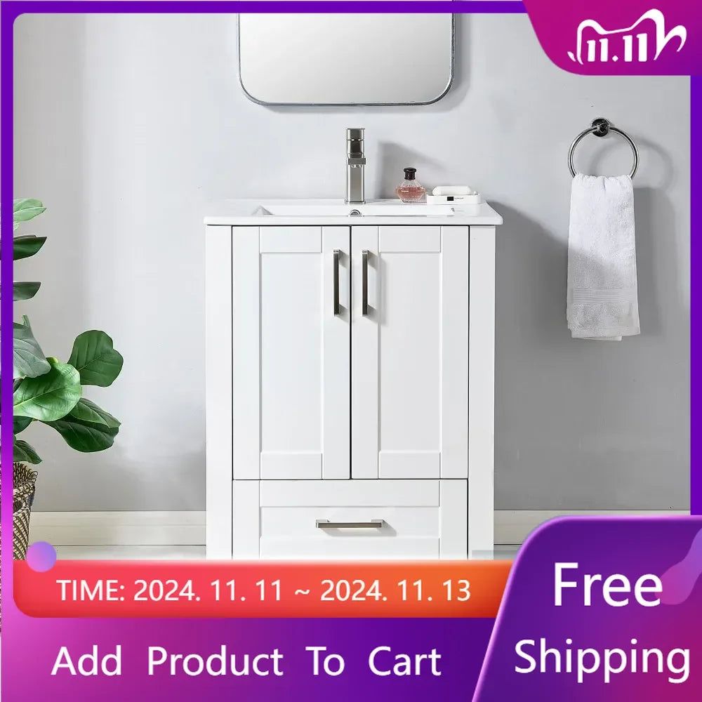 24 Inch Bathroom Vanity with Sink, Small Bathroom Vanities Sink Set, White Bathroom Vanity Cabinet Combo, Modern Bath Vanity