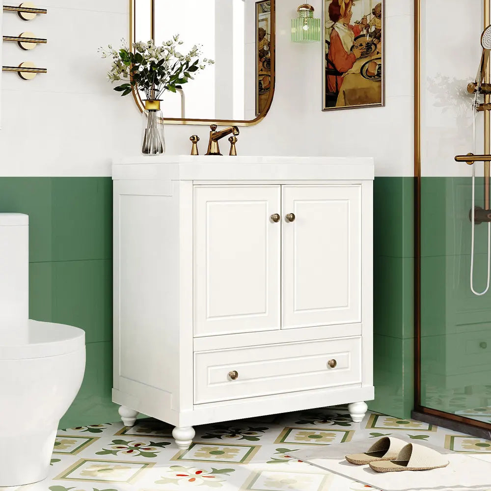 30" White Bathroom Vanity with Sink Combo | Freestanding Cabinet with Drawer & Doors | Solid Wood Frame & MDF Board