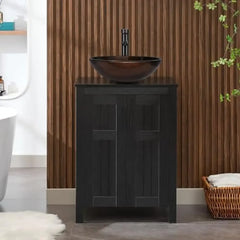 24" Black Wood Bathroom Vanity Cabinet with Ceramic Vessel Sink & Grooved Doors