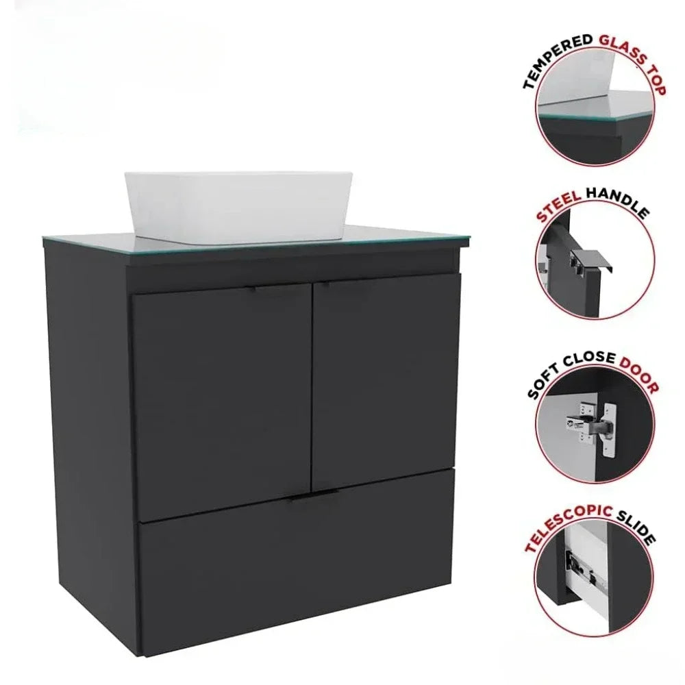 24" Floating Bathroom Vanity with Ceramic Sink – Soft-Close Doors & Drawer, Tempered Glass Countertop