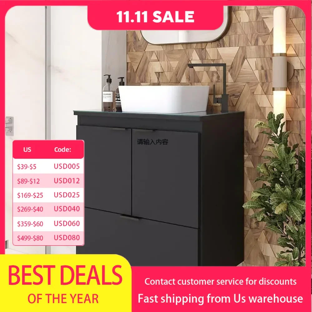 24" Floating Bathroom Vanity with Ceramic Sink – Soft-Close Doors & Drawer, Tempered Glass Countertop
