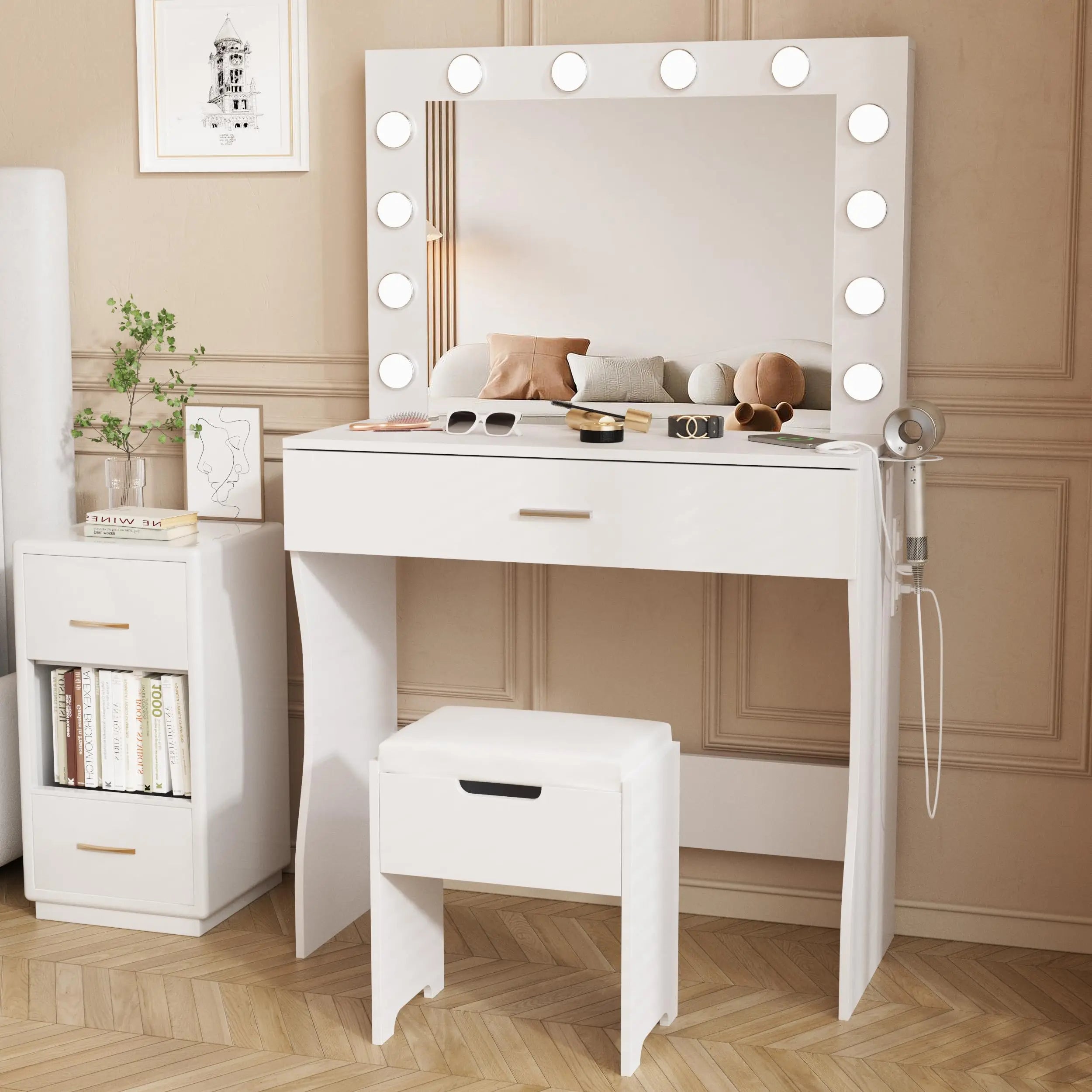 Small Vanity Desk with Mirror, Lights & Storage – Makeup Table with Drawer & Cushioned Stool