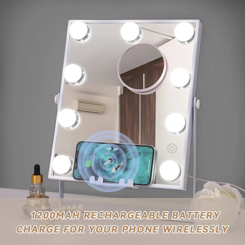 Lighted Vanity Mirror with Bluetooth and Wireless Charging Makeup Lights 9 Dimmable Bulbs 3 Color Lighting Tabletop