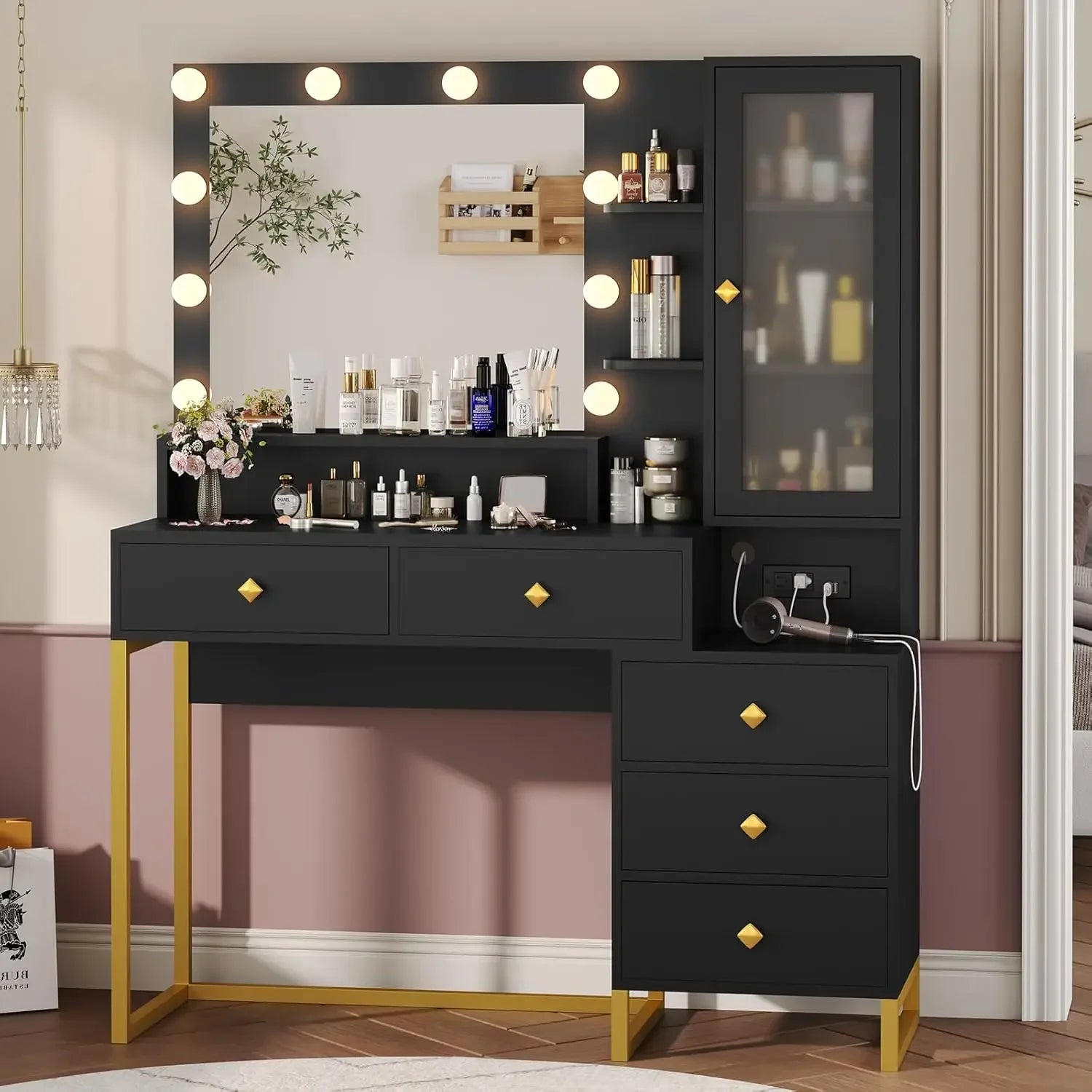 Large Vanity Desk with Mirror, Lights & Charging Station – Makeup Table with Nightstand & Storage Drawers