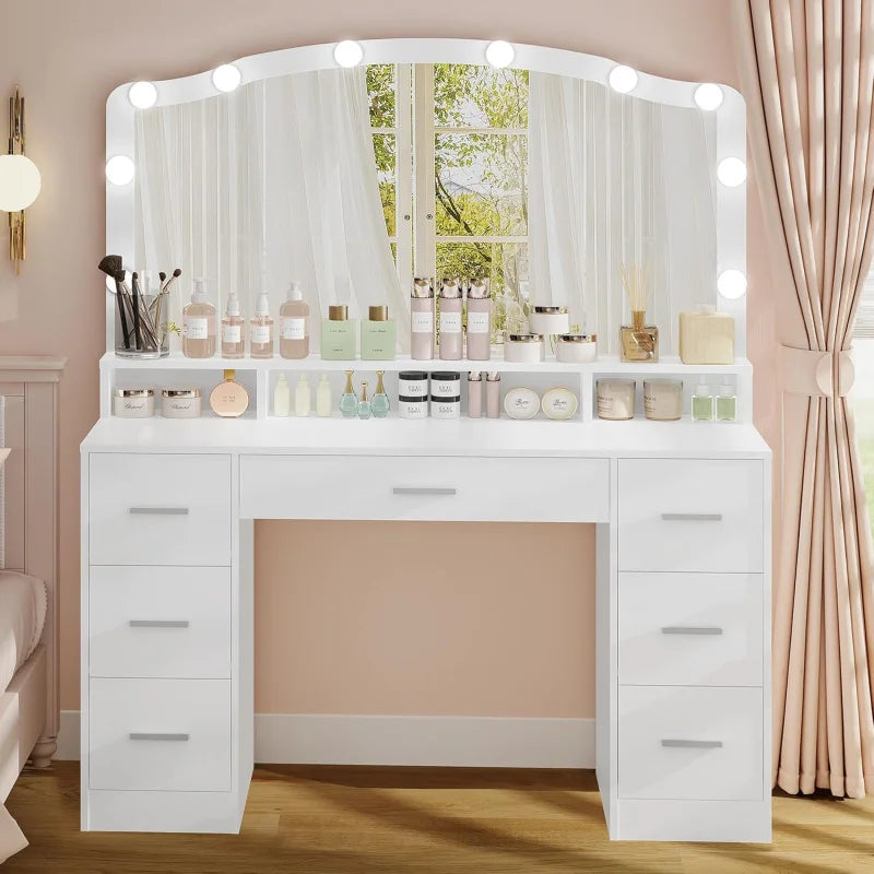 Usikey 43.3" Makeup Vanity Table with Lighted Mirror – 7 Drawers, 10 Bulbs & 3 Lighting Colors, Large Dressing Table