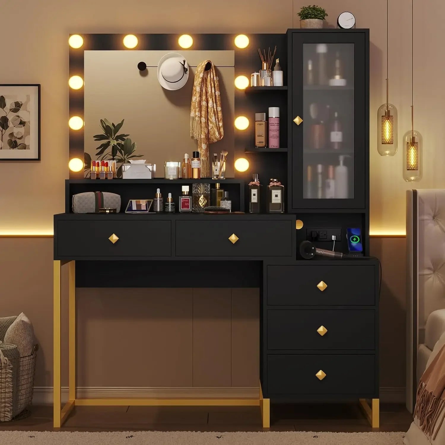 Large Vanity Desk with Mirror, Lights & Charging Station – Makeup Table with Nightstand & Storage Drawers