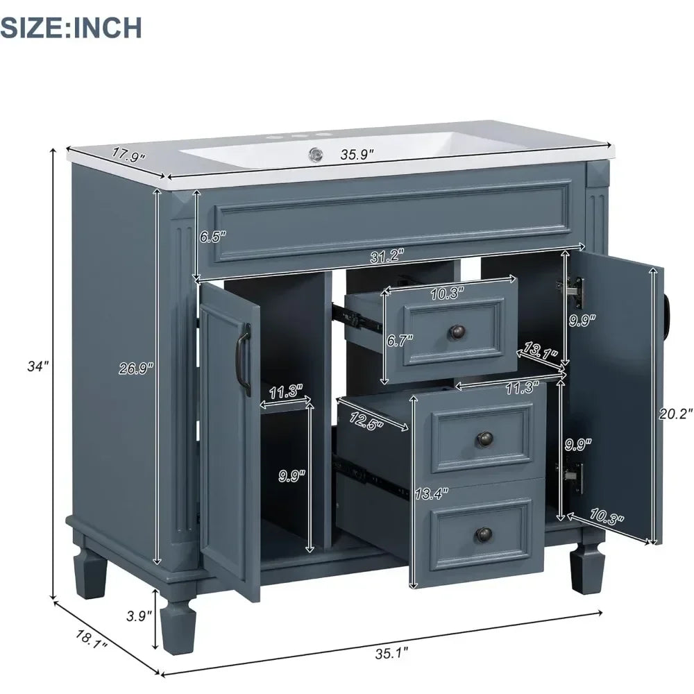36” Bathroom Vanity with Sink – Solid Wood Frame, Integrated Sink, 2 Doors & 2 Drawers, Matching Mirror Cabinet
