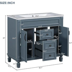 36” Bathroom Vanity with Sink – Solid Wood Frame, Integrated Sink, 2 Doors & 2 Drawers, Matching Mirror Cabinet