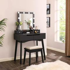 Black Vanity Desk with Lighted Mirror, 4 Drawers & Stool