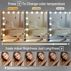 Vanity Mirror with Lights, Bluetooth Speaker & Touch Controls – 15 Dimmable Bulbs & 3 Color Modes