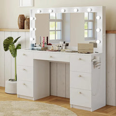 Vanity Desk with Mirror Lights, 7 Drawers, Crystal Knobs, USB Type-C & Type-A, Power Outlet, Hair Dryer Rack, Stylish Makeup Station