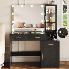 Glass Top Vanity with Mirror & RGB Lights, Black Makeup Desk, Charging Station, 5 Drawers, Adjustable Lighting, Modern Design