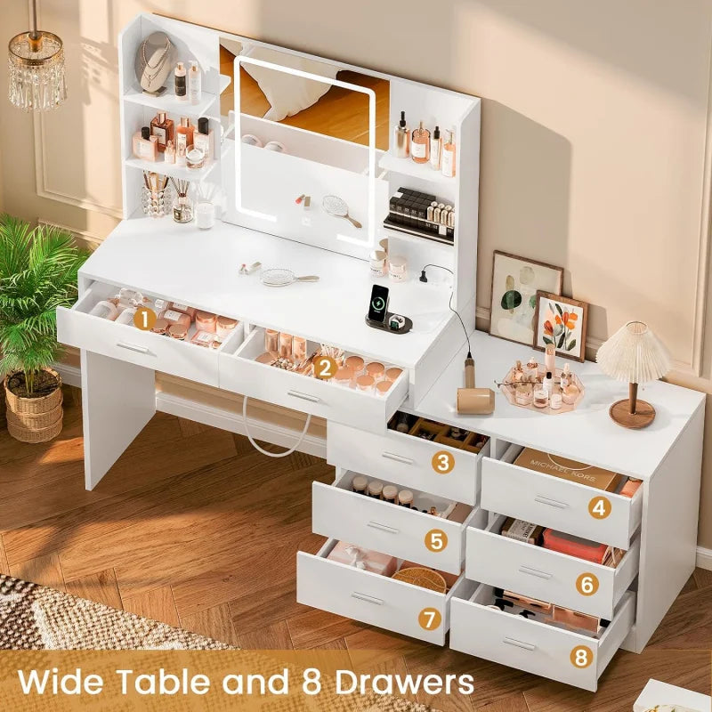 65.9" Vanity Desk with LED Mirror, Power Outlet & Adjustable Storage
