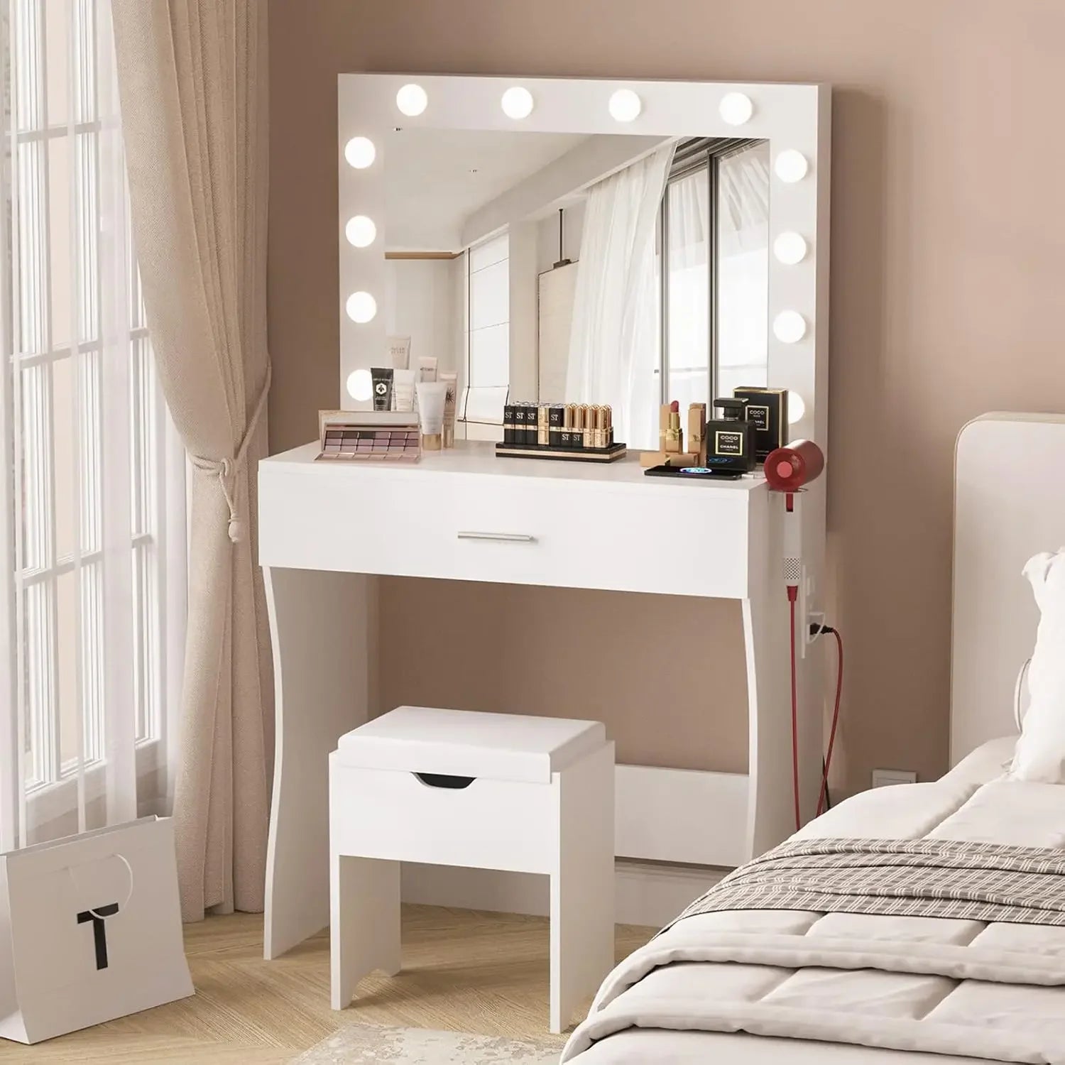 Makeup Vanity Desk with Mirror & 12 LED Lights – White Vanity Set with Charging Station & Storage Stool
