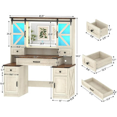 Rustic Farmhouse Vanity Desk with LED Mirror, Charging Station & Sliding RGB Cabinets