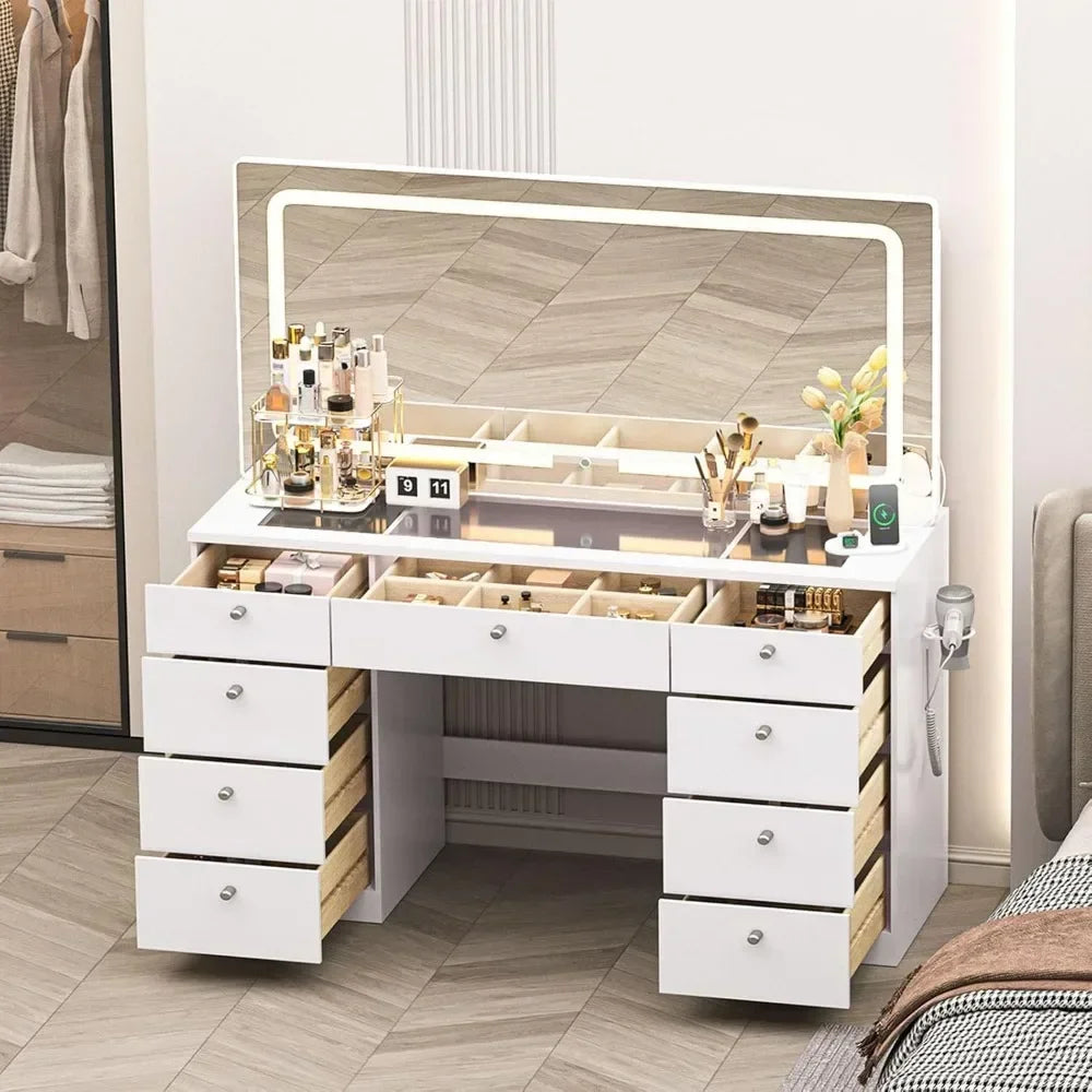46-Inch Makeup Vanity Desk with Mirror, Lights & Power Outlet
