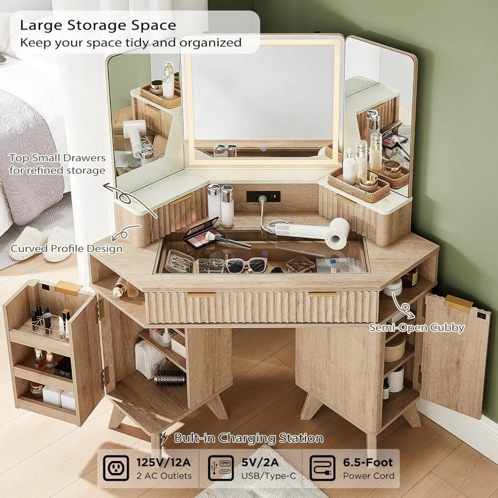 Fluted Makeup Vanity Desk with 3-Way Mirror, LED Lights & Charging Station