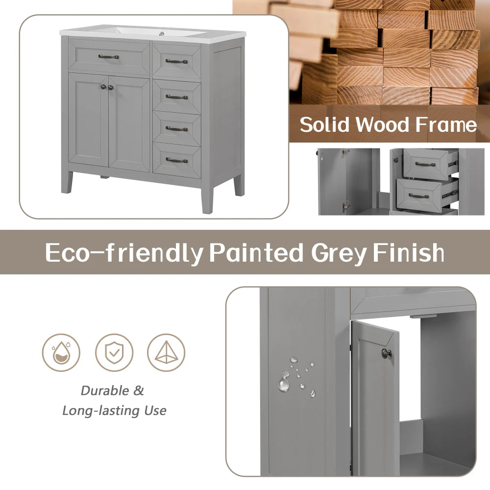 36" Grey Bathroom Vanity with Sink Combo | Solid Wood Frame & MDF Board | Freestanding Cabinet with Drawers