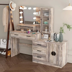Vanity Desk with Lighted Mirror & Charging Station Makeup Vanity Table with Drawers, Storage Shelves, 10 LED Lights, and Adjustable Brightness