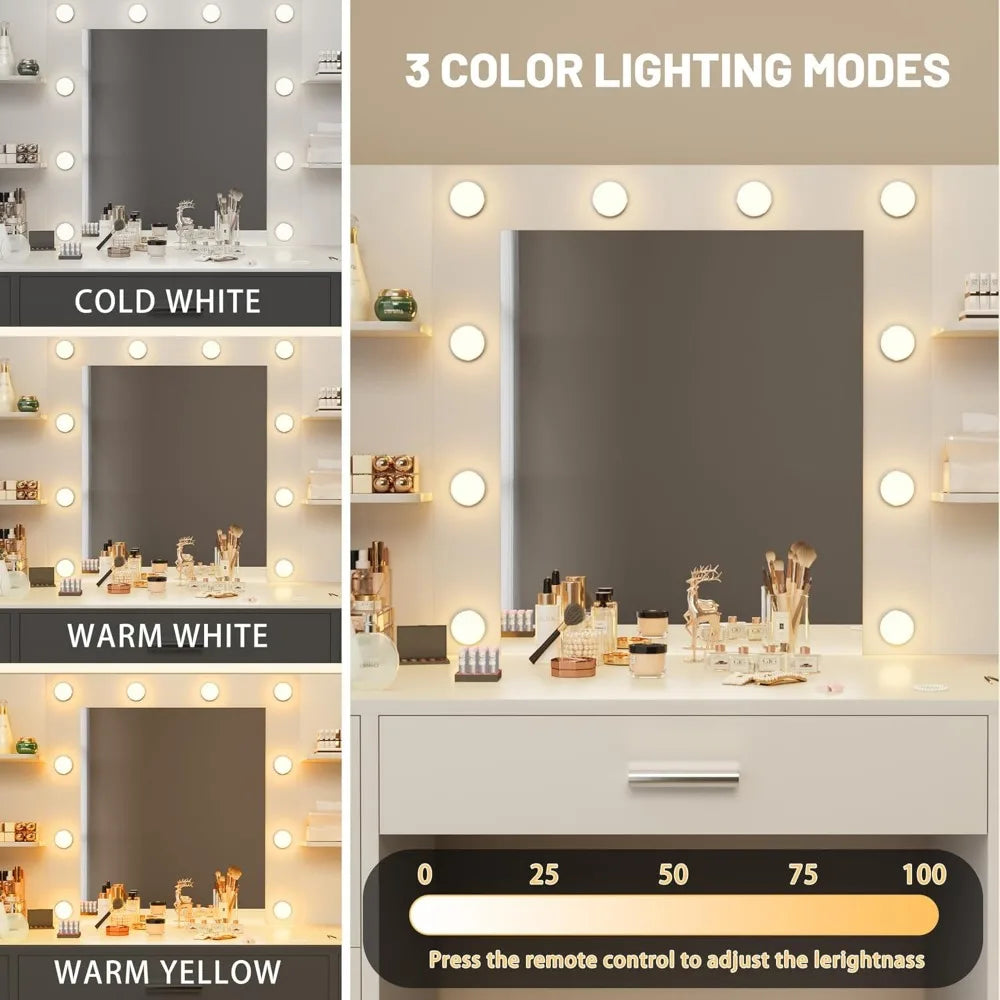 Vanity Makeup Desk with Mirror, LED Lights & Charging Station - 7 Drawers & 6 Storage Shelves