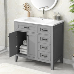 36" Grey Bathroom Vanity with Sink Combo | Solid Wood Frame & MDF Board | Freestanding Cabinet with Drawers