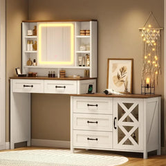 Farmhouse Makeup Vanity with Glass Top, Touch Screen LED Mirror, 3 Lighting Modes, Charging Station, 5 Drawers, Shelves & Cabinet