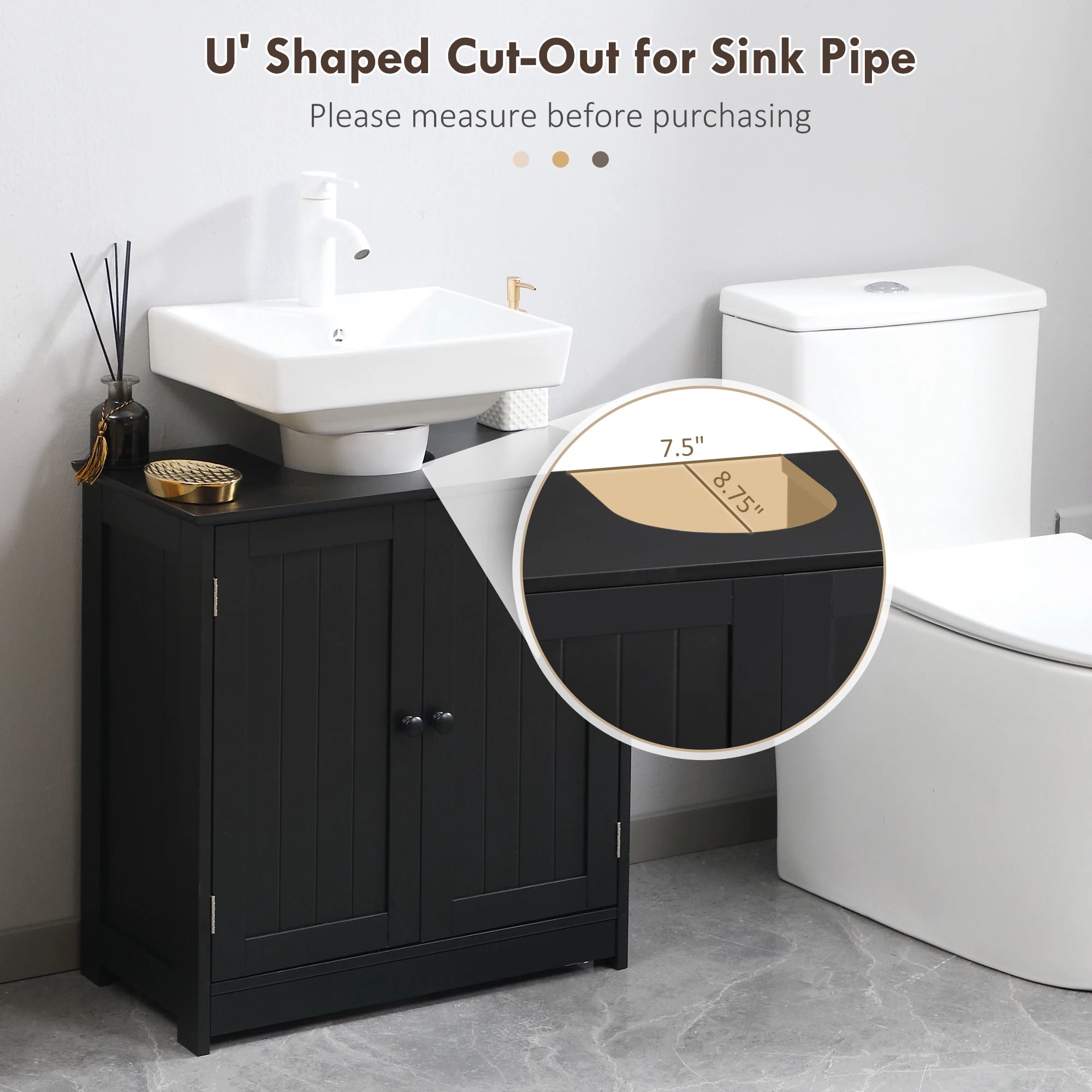 Under Sink Bathroom Cabinet with Double Doors and Inner Shelf – Compact Pedestal Vanity Storage (Black)